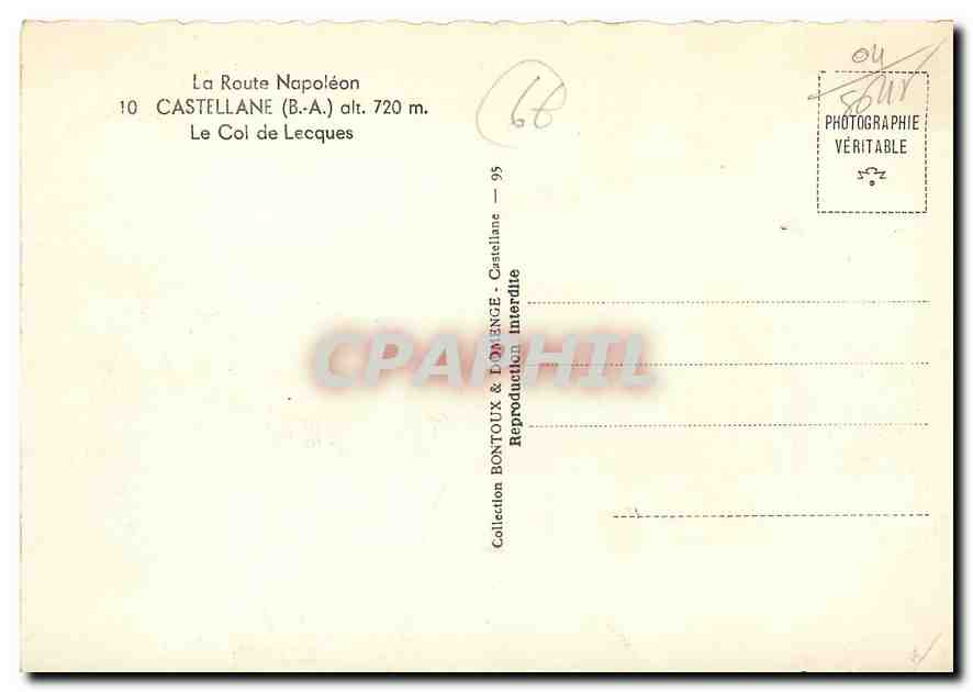 CPM La Route Napoleon Castellane B A Le Col de Lecques  — Rückseite