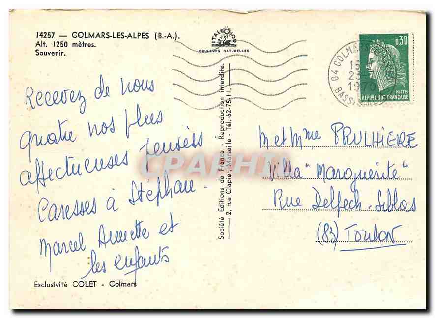 CPM Colmars les Alpes B A Souvenir  — Rückseite