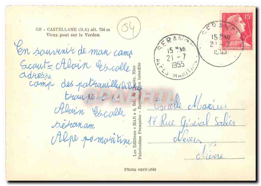 CPM Castellane B A Vieux pont sur le Verdon  — Rückseite
