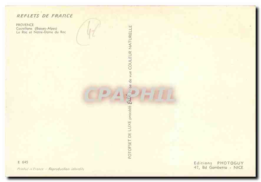 Castellane (Basses-Alpes) — Ansicht von Le Roc und Notre-Dame du Roc — Editions Photoguy, Nice — Rückseite