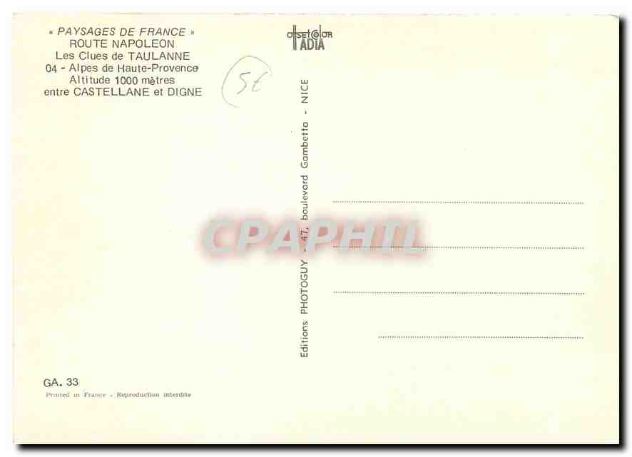 CPM Paysages de France Route Napoleon Les Clues de Taulanne Alpes de Haute Provence  — Rückseite