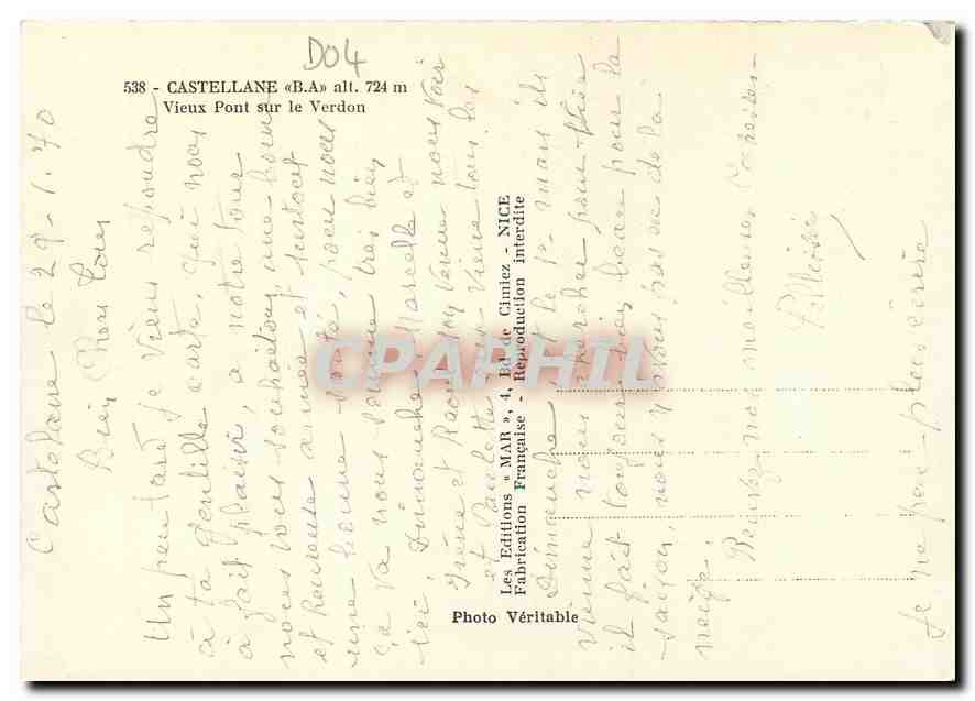 CPM Castellane B A Vieux Pont sur le Verdon  — Rückseite