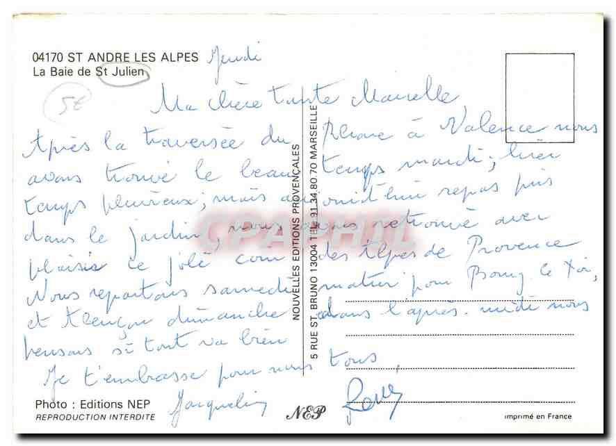 CPM St Andre les Alpes La Baie de St Julien  — Verso