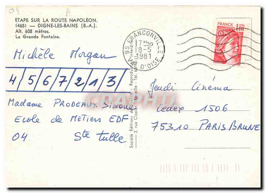 CPM Etape sur la Route Napoleon Digne les Bains B A La Grande Fontaine  — Verso