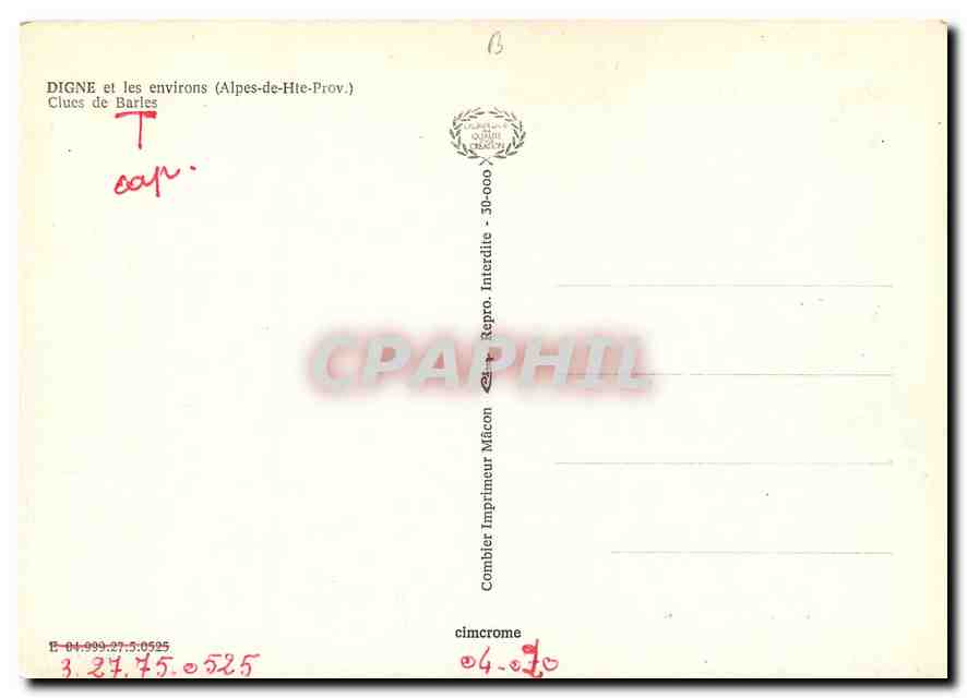 CPM Digne et les environs Alpes de Hte Prov Clues de Barles  — Verso