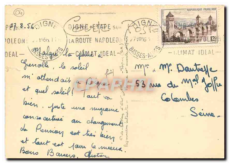 CPM Digne Belle etape sur la route Napoleon — Rückseite