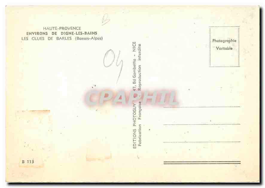 CPM Haute Provence Environs de Digne les Bains Les Clues de Barles Basses Alpes  — Back