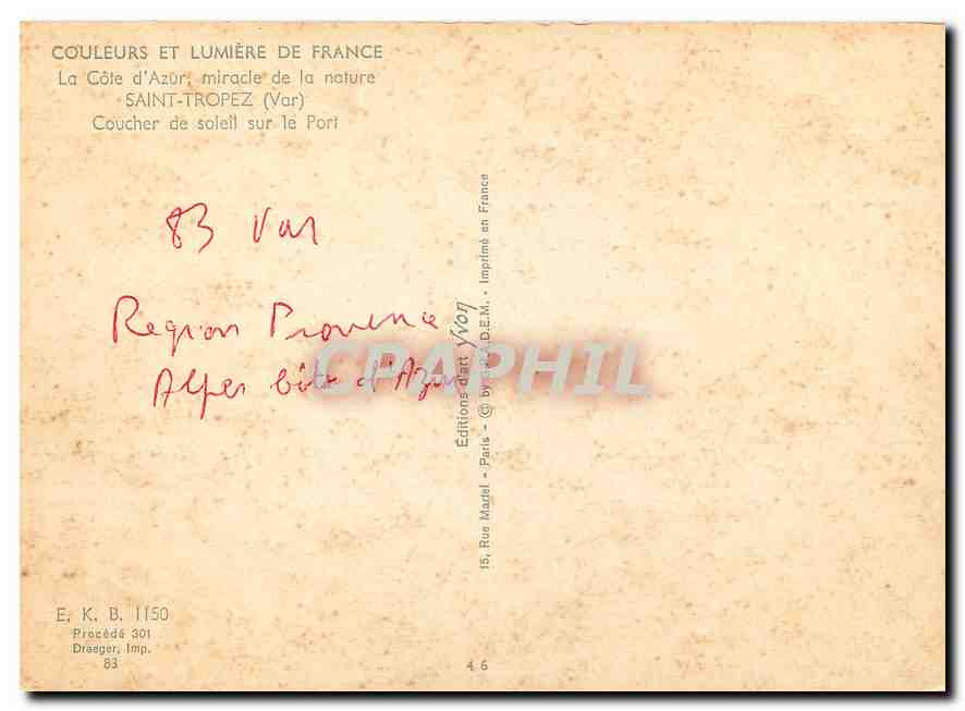 CPM Couleurs et Lumiere de France La Cote d'Azur miracle de la nature Saint Tropez Var Coucher de so — Rückseite