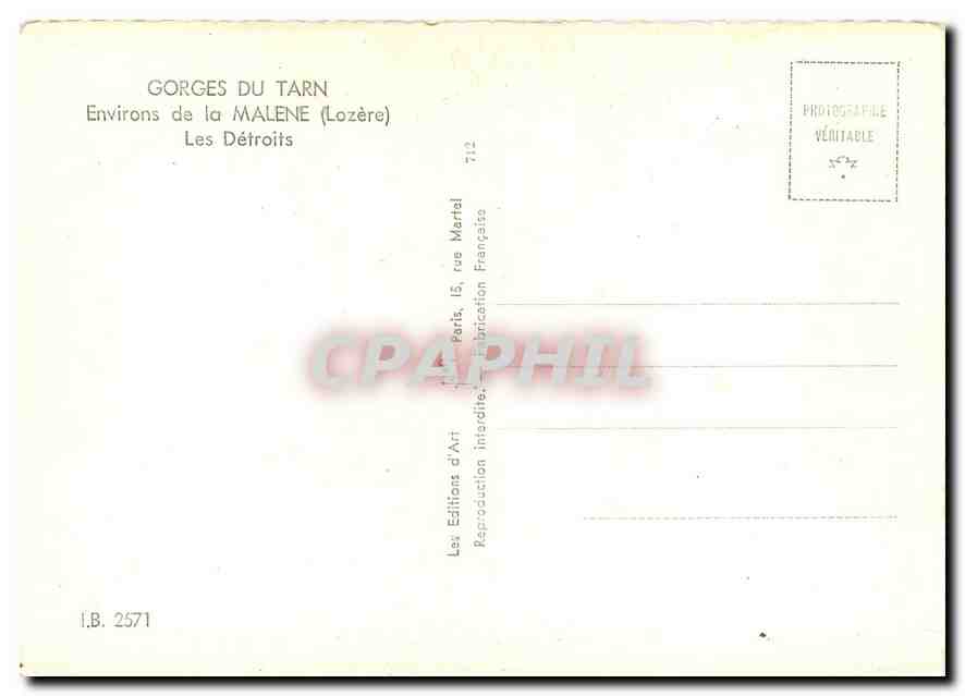 CPM Gorges du Tarn Environs du Tarn Environs de la Malene Lozere Les Detroits  — Verso