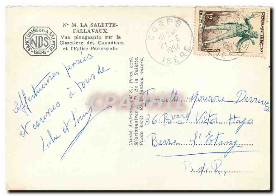 La Salette-Fallavaux — Vue plongeante sur le Cimetière des Canadiens et l'Église Paroissiale — Sanctuaire de la Salette — Verso