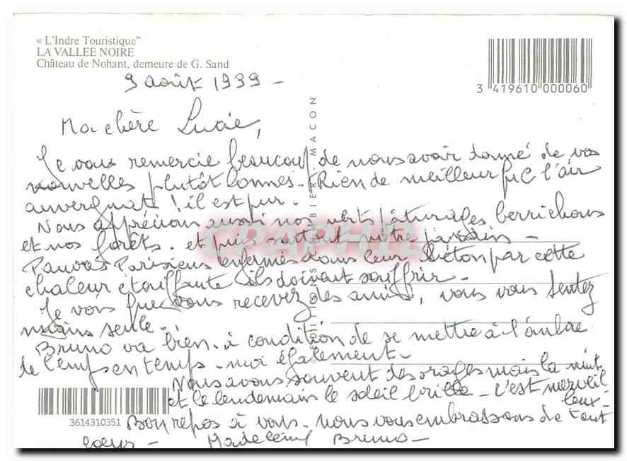CPM L'Indre Touristique La Vallee Noire Chateau de Nohant demeure de G Sand  — Rückseite