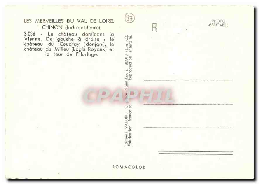 CPM Les Merveilles du Val de Loire Chinon Indre et Loire Le chateau dominant la Vienne De gauche a d — Rückseite