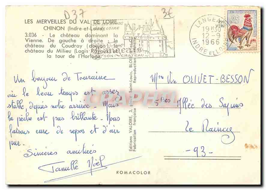 CPM Les Merveilles du Val de Loire Chinon Indre et Loire Le chateau dominant la Vienne De gauche a d — Rückseite