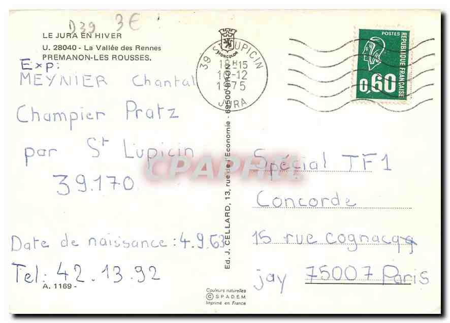 CPM Le Jura en Hiver La Vallee des Rennes Premanon les Rousses  — Rückseite
