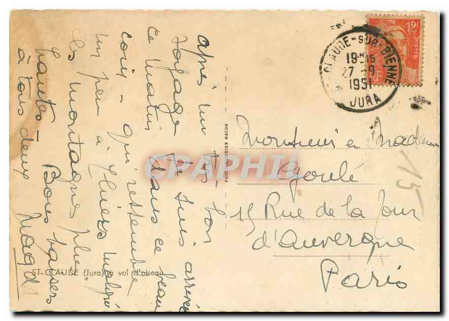 CPM St Claude Jura a vol d'oiseau  — Back