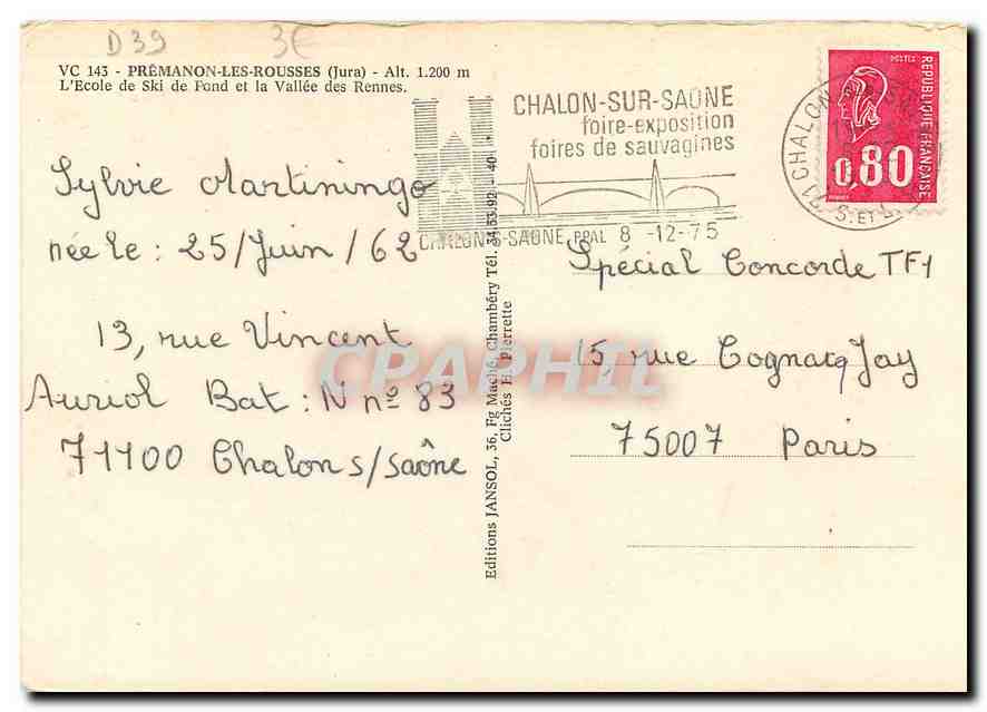 CPM Premanon les Rousses Jura L'Ecole de Ski de Pond et la Vallee des Rennes  — Rückseite