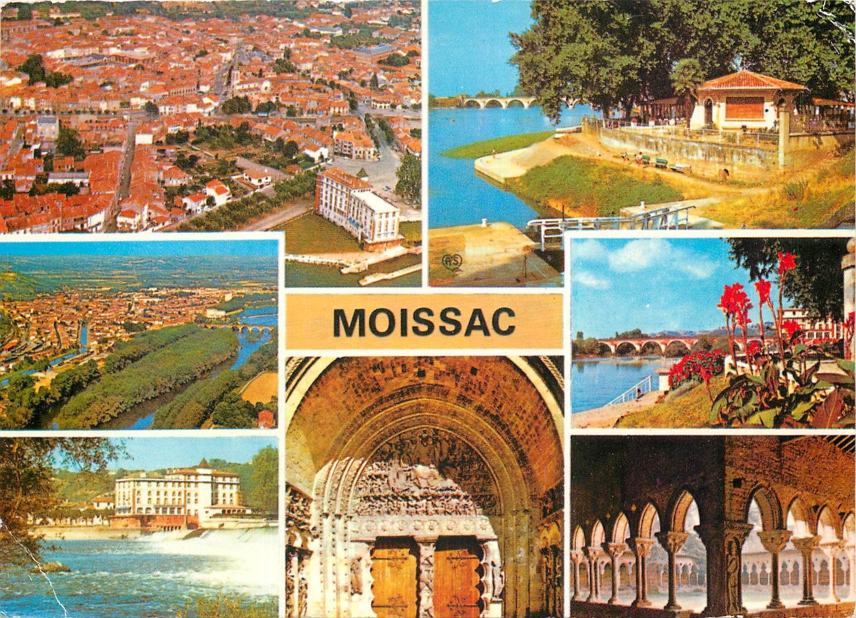 CPM Moissac Tarn et Gne Vue generale aerienne Pont Napoleon Les Bords du Tarn La Chaussee et le Moul