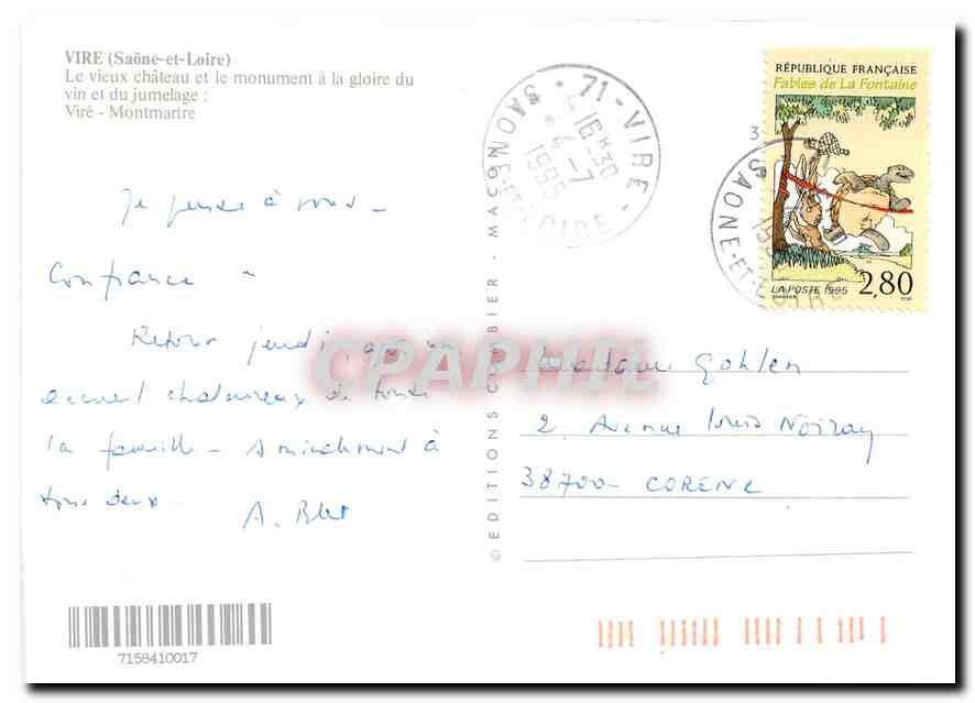 CPM Vire Saone et Loire Le vieux chateau et le monument a la gloire du vin et du jumelage Vire Montm — Rückseite