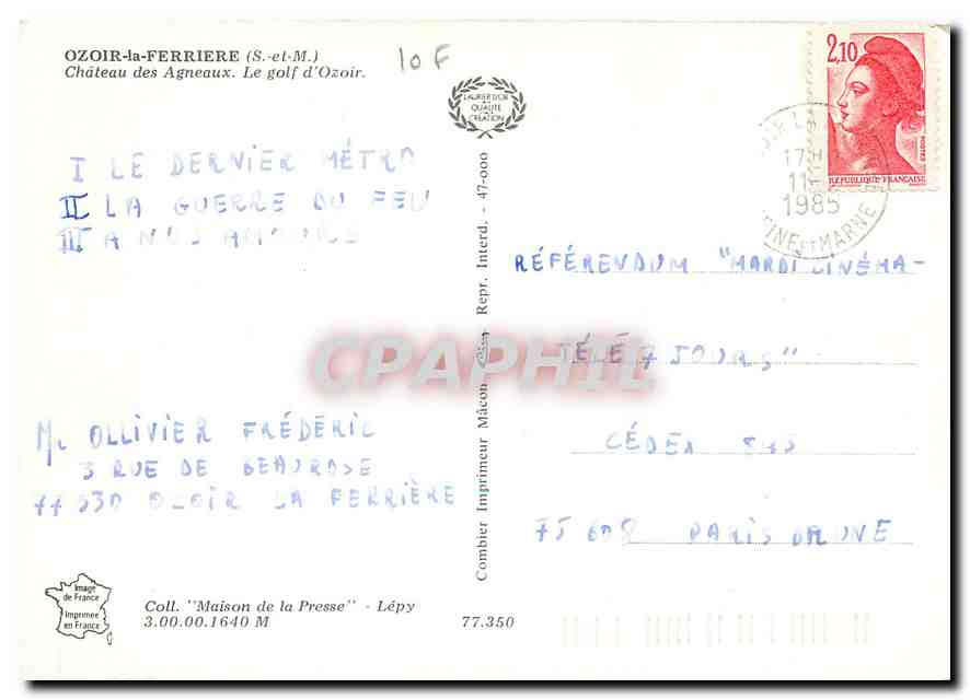 CPM Ozoir la Ferriere S et M Chateau des Agneaux Le golf d'Ozoir  — Verso
