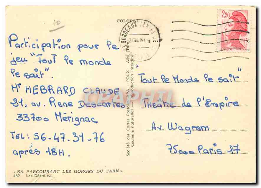 CPM En Parcourant les Gorges du Tarn Les Detroits  — Rückseite