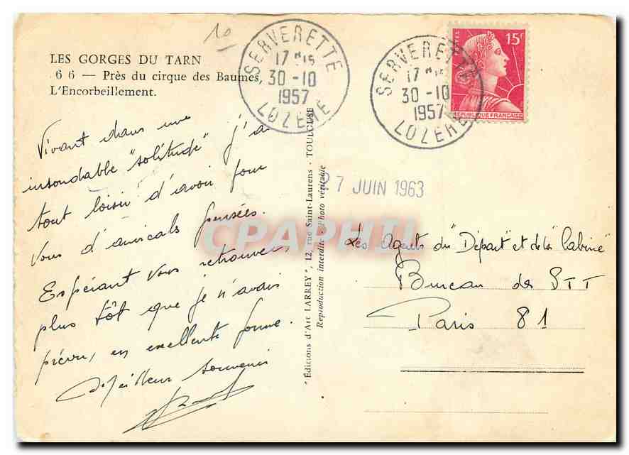 CPM Les Gorges du Tarn Pres du Cirque des Baumes L'Encorbeillement  — Verso