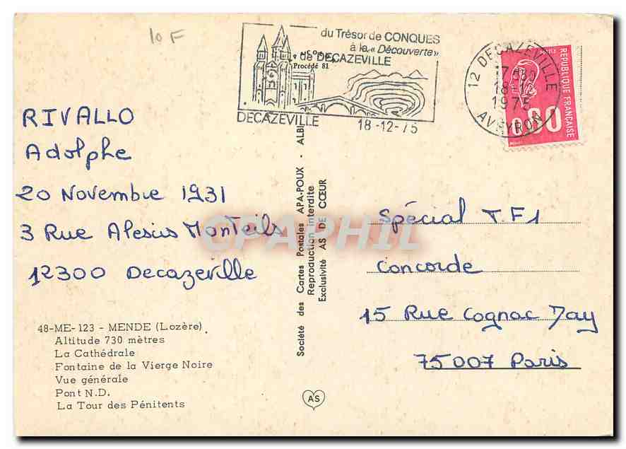 CPM Mende Lozere La Cathedrale Fontaine de la Vierge Noire Vue generale Pont N D La Tour des Peniten — Rückseite