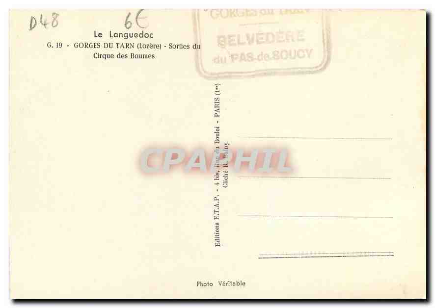 CPM Le Languedoc Gorges du Tarn Lozere Sorties du Cirque des Baumes  — Verso