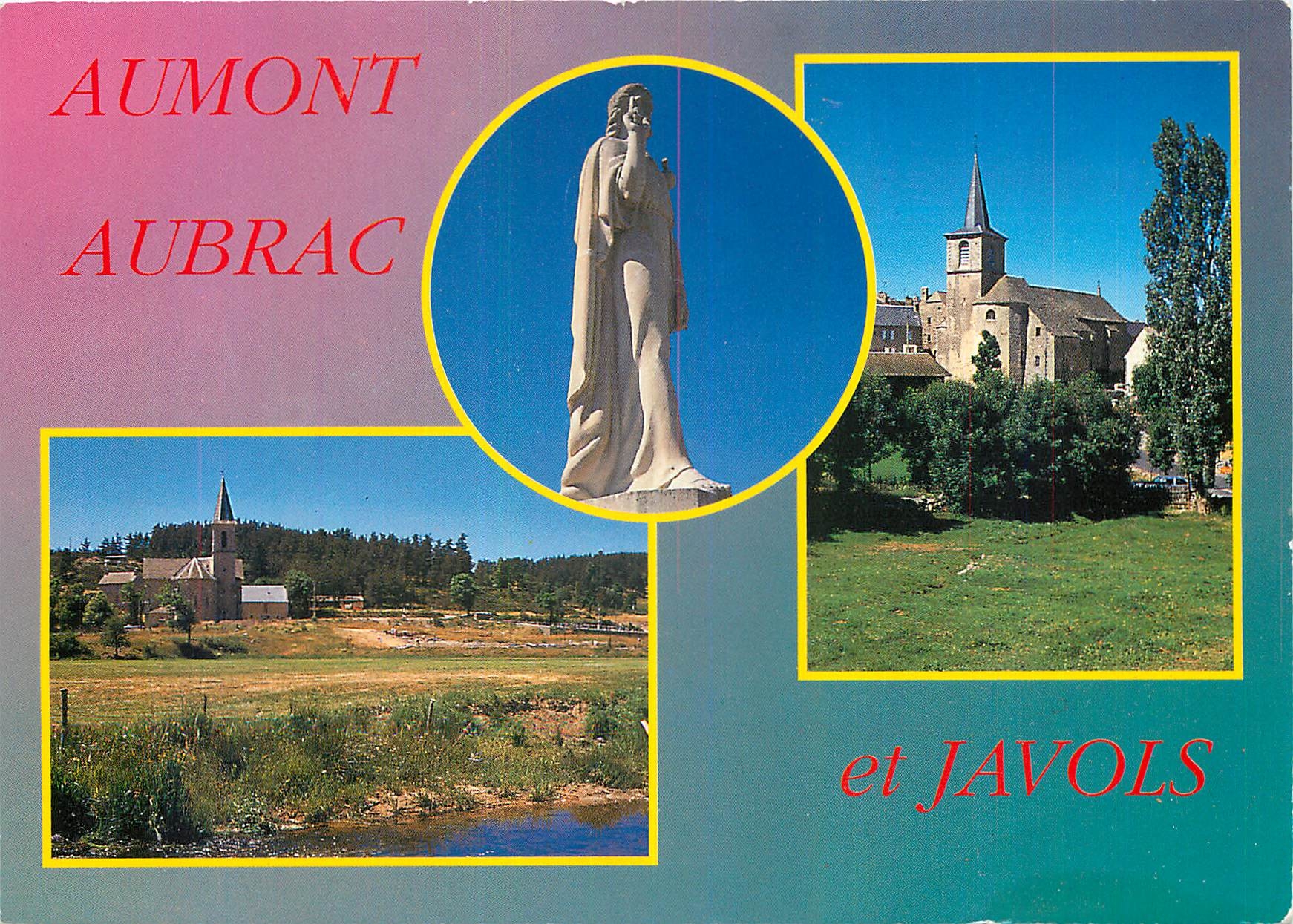 CPM Aumont Aubrac Lozere Statue du Sacre Coeur l'eglise Vue generale de Javois 
