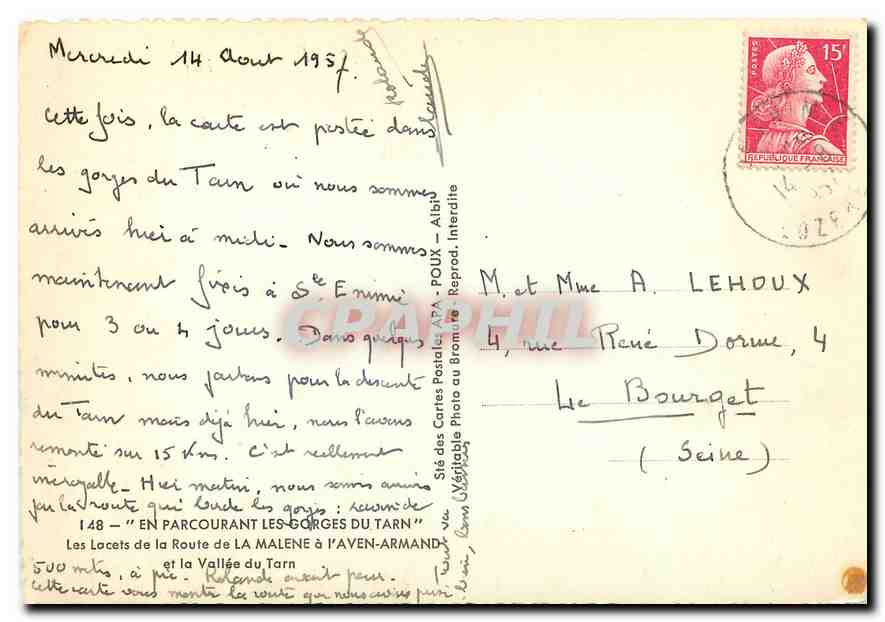 CPM En Parcourant les Gorges du Tarn Les Lacets de la Route de La Malene a l'Aven Armand et la Valle — Rückseite