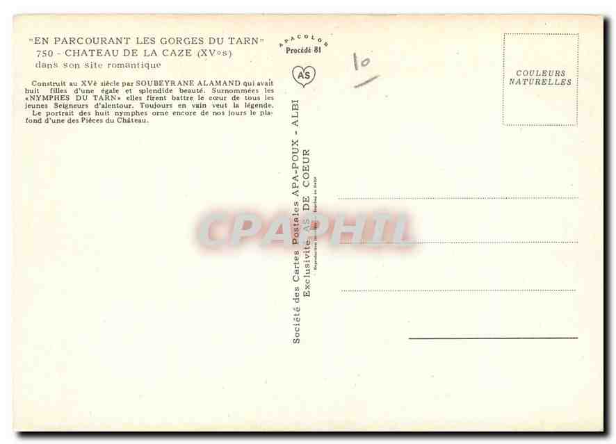 CPM En Parcourant les Gorges du Tarn Chateau de la Caze  — Verso