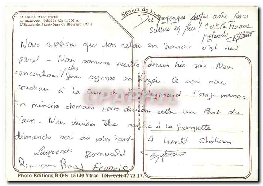 CPM La Lozere Touristique Le Bleymard L'Eglise de Saint Jean du Bleymard  — Rückseite