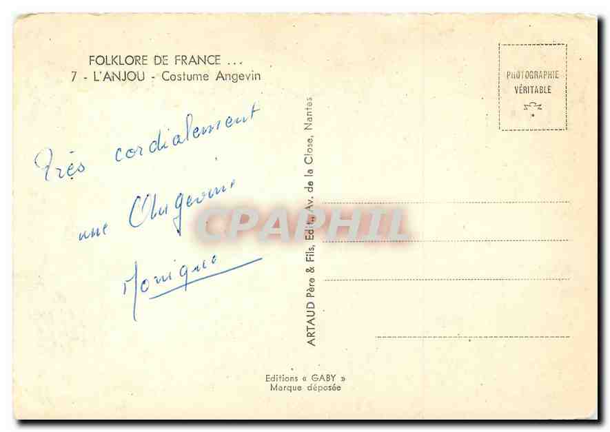 CPM Folklore de France L'Anjou Costume Angevin Folklore — Back