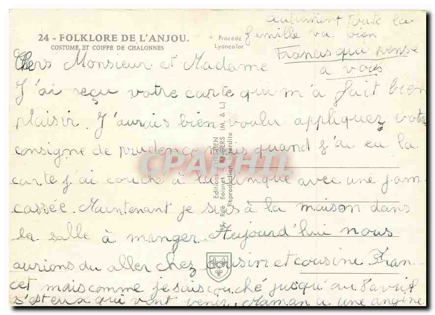 CPM Folklore de l'Anjou Costume et coiffe de Chalonnes  — Back