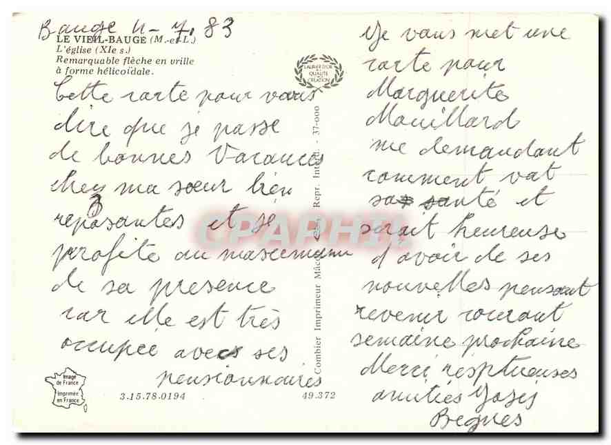 CPM Le Vieil Bauge M et L L'eglise Remarquable fleche en vrille a forme helicoidale  — Back