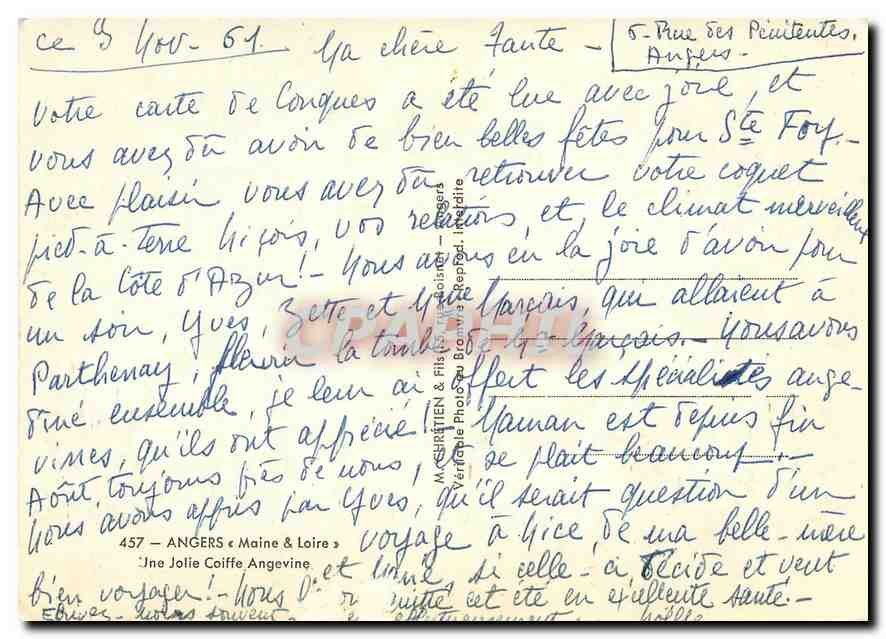 CPM Angers Maine & Loire Une Jolie Coiffe Angevine Folklore — Rückseite