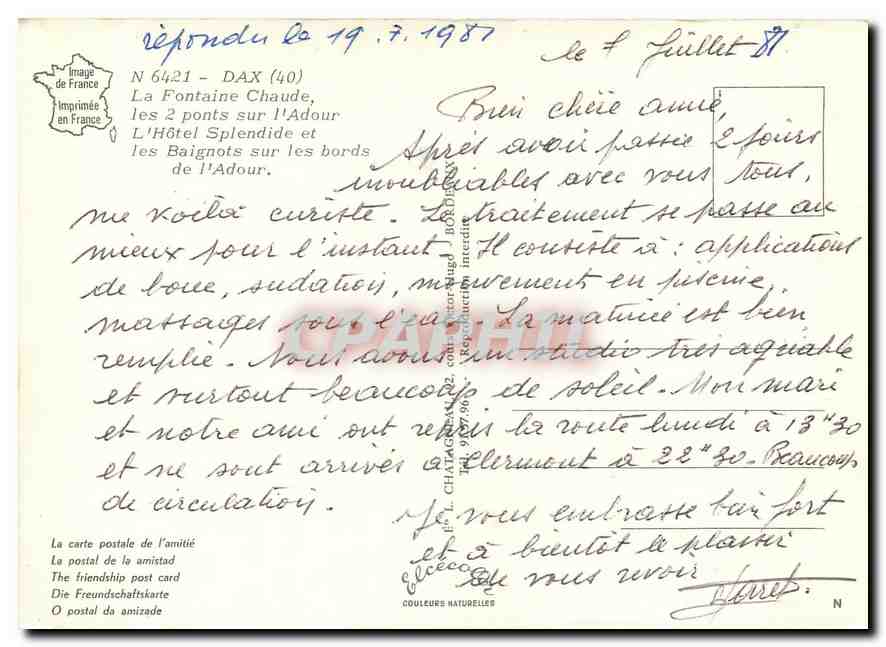 CPM Dax La Fontaine Chaude les 2 ponts sur l'Adour L'Hotel Splendide et les Baignots sur les bords d — Rückseite