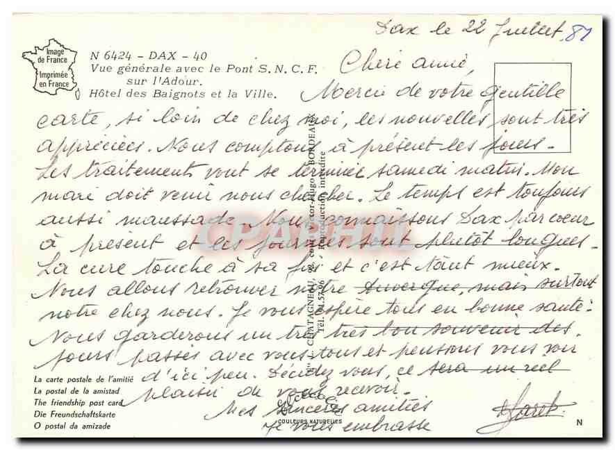 CPM Dax Vue generale avec le Pont S.N.C.F. sur l'Adour Hotel des Baignots et la Ville  — Rückseite