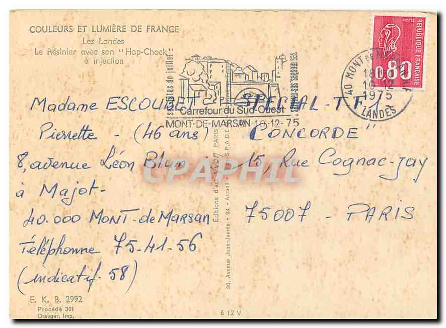 CPM Couleurs et Lumiere de France Les Landes Le Resinier avec son Hop Chock a injectiopn  — Rückseite
