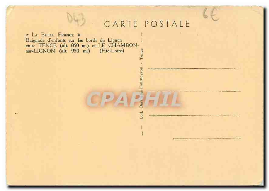 CPM La Belle France Baignade d'enfants sur les bords du Lignon entre Tence et Le Chambon sur Lignon  — Rückseite