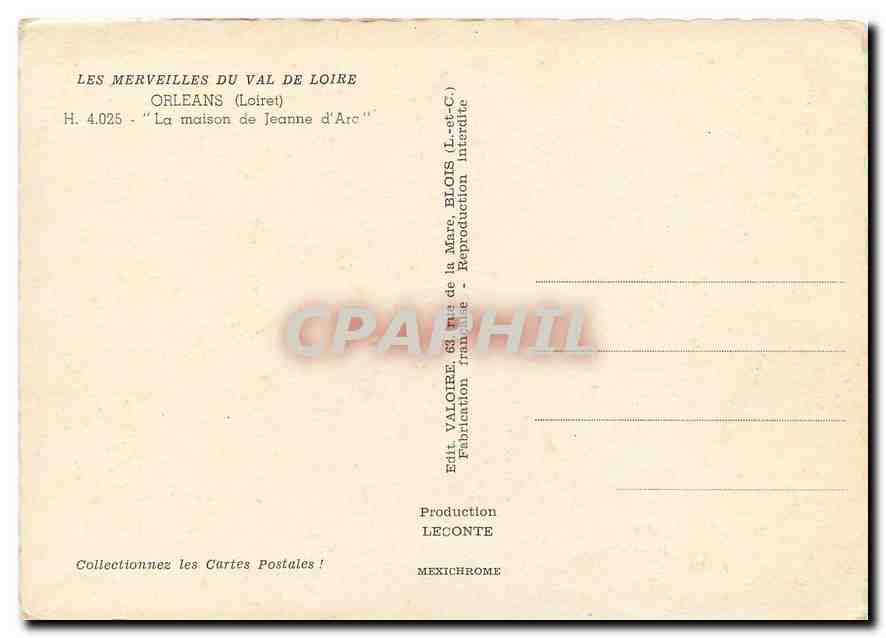 CPM Les Merveilles du Val de Loire Orleans Loiret La maison de Jeanne D'Arc  — Verso