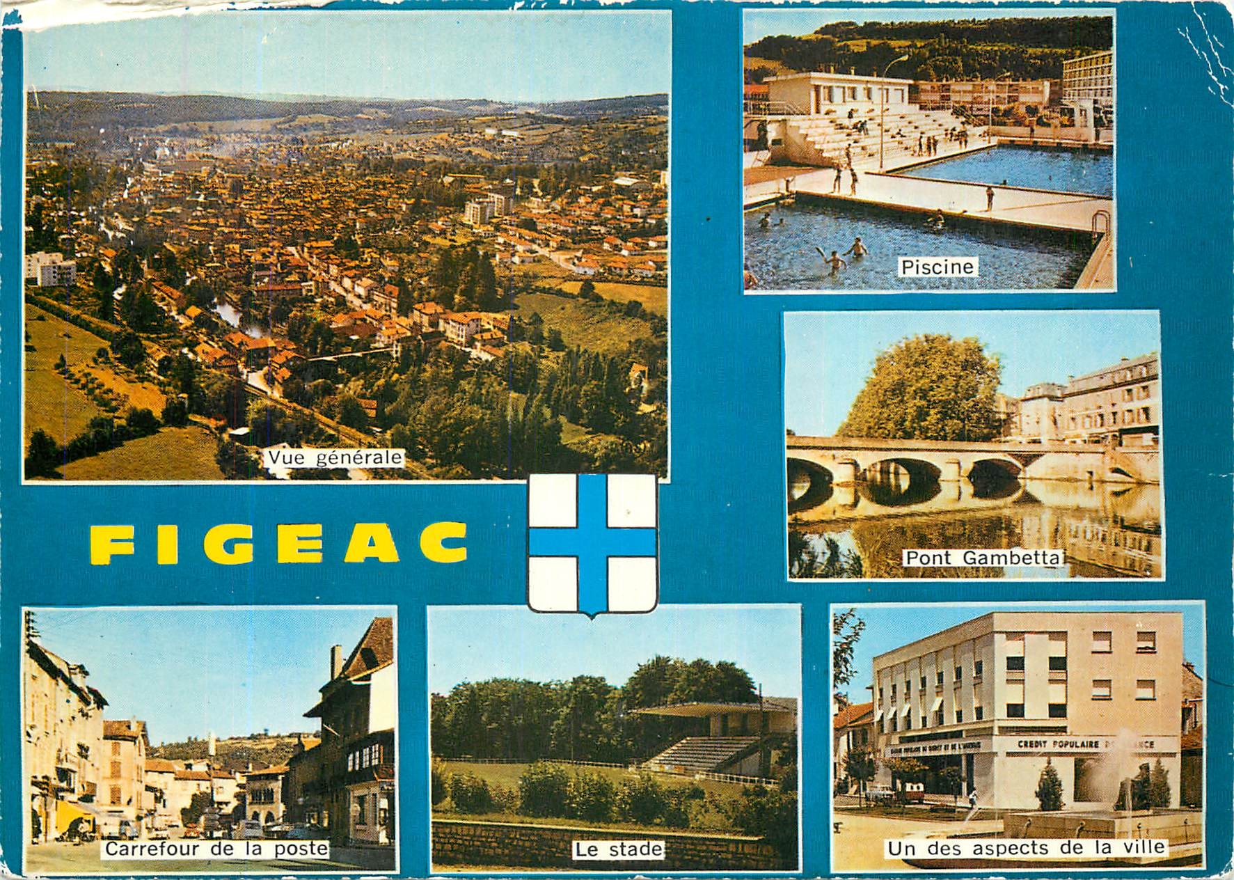 Figeac — Vue générale, piscine, pont Gambetta, carrefour de la poste, stade, aspect de la ville — Société des Cartes Postales Reproductrice Interdépartementale