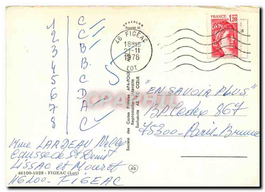 Figeac — Vue générale, piscine, pont Gambetta, carrefour de la poste, stade, aspect de la ville — Société des Cartes Postales Reproductrice Interdépartementale — Rückseite