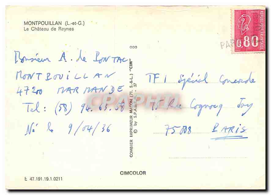 CPM Montpouillan L et G Le Chateau de Raynes  — Back