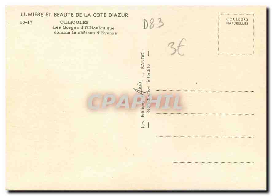 Les Gorges d'Ollioules — dominiert das Schloss Evenos — Editions Asia, Bandol, Nr. 10-17 — Rückseite