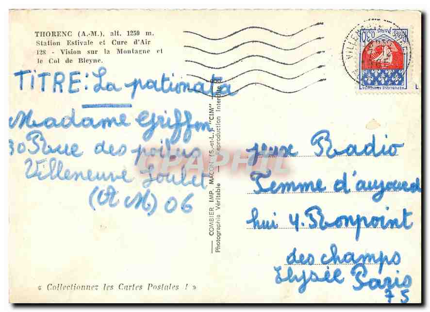 CPM Thorenc A M Station Estivale et Cure d'air Vision sur la Montagne et le Col de Bleyne  — Verso