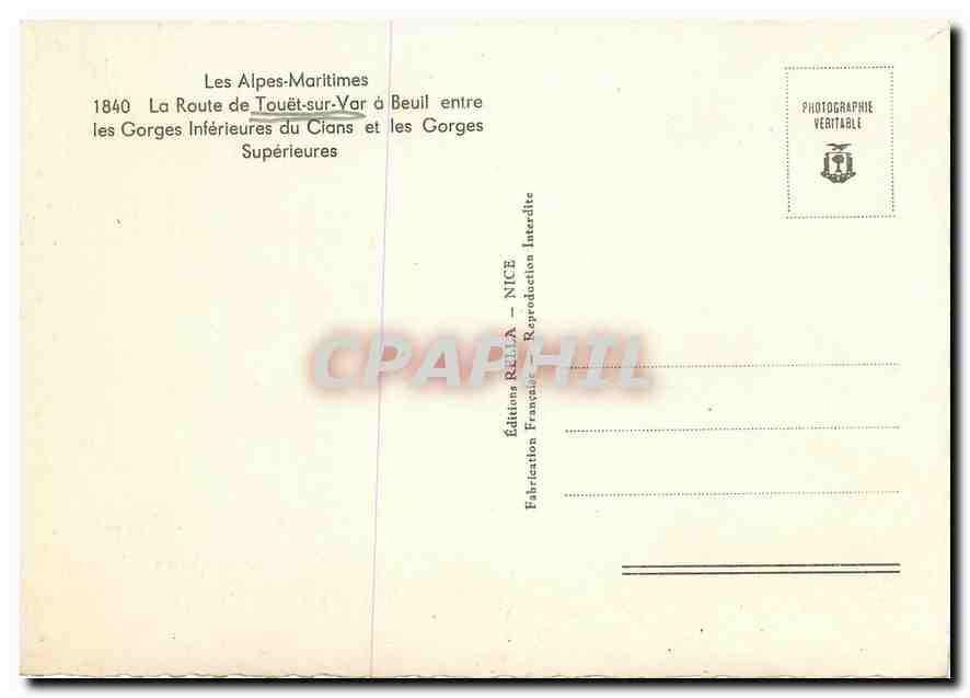 CPM Les Alpes Maritimes La Route de Touet sur Var a Beuil entre les Gorges Inferieures du Cians et l — Rückseite