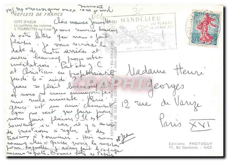 Côte d'Azur — cueillette des violettes — Éditions Photoguy, Nice — Verso