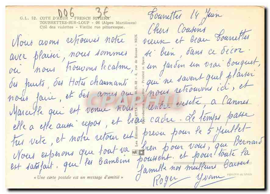 CPM Cote d'Azur Tourrettes sur Loup Alpes Maritimes Cite des violettes Vieille rue pittoresque  — Rückseite