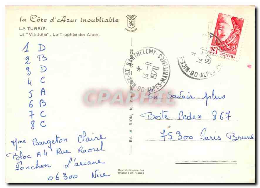 CPM La Cote d'Azur inoubliable La Turbie La Via Julia Le Trophee des Alpes  — Rückseite