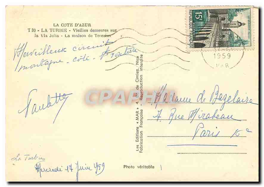 CPM La Cote d'Azur La Turbie Vieilles Dementres sur la Via Julia La Maison de Teresius  — Rückseite